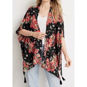 Maurices Black & Red Floral Print Tassel Hem Kimono Size One Size